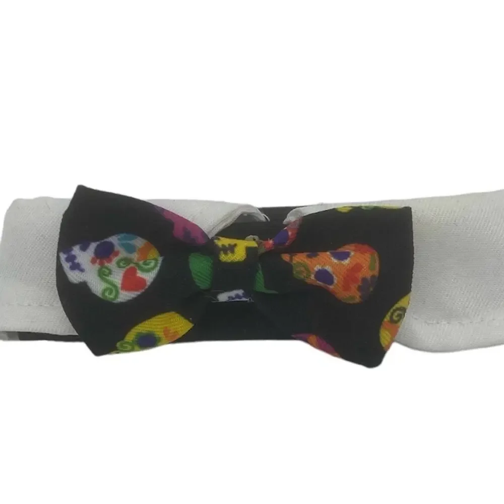 White Collar with Colorful Skull Bow Tie